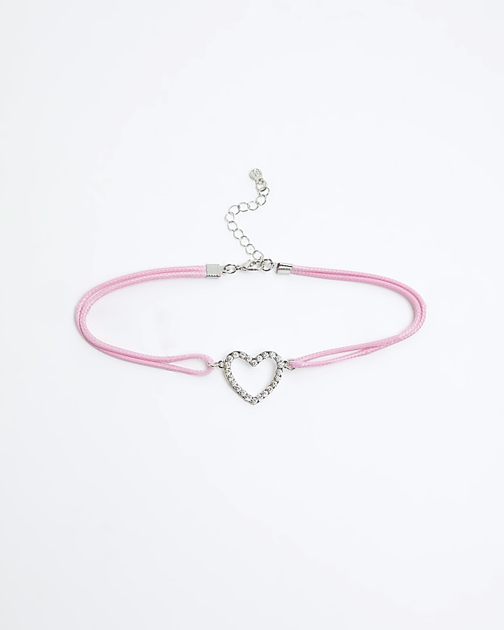 Girls pink diamante heart choker necklace