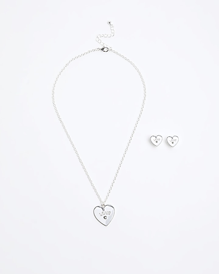 Girls silver heart necklace and earrings set