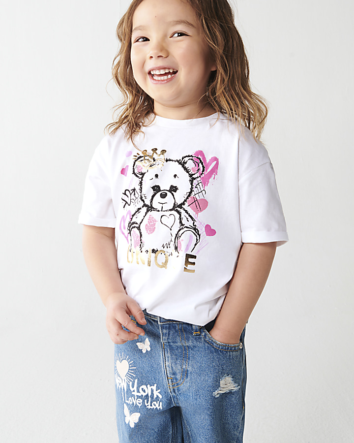 Mini girls white graffiti bear t-shirt