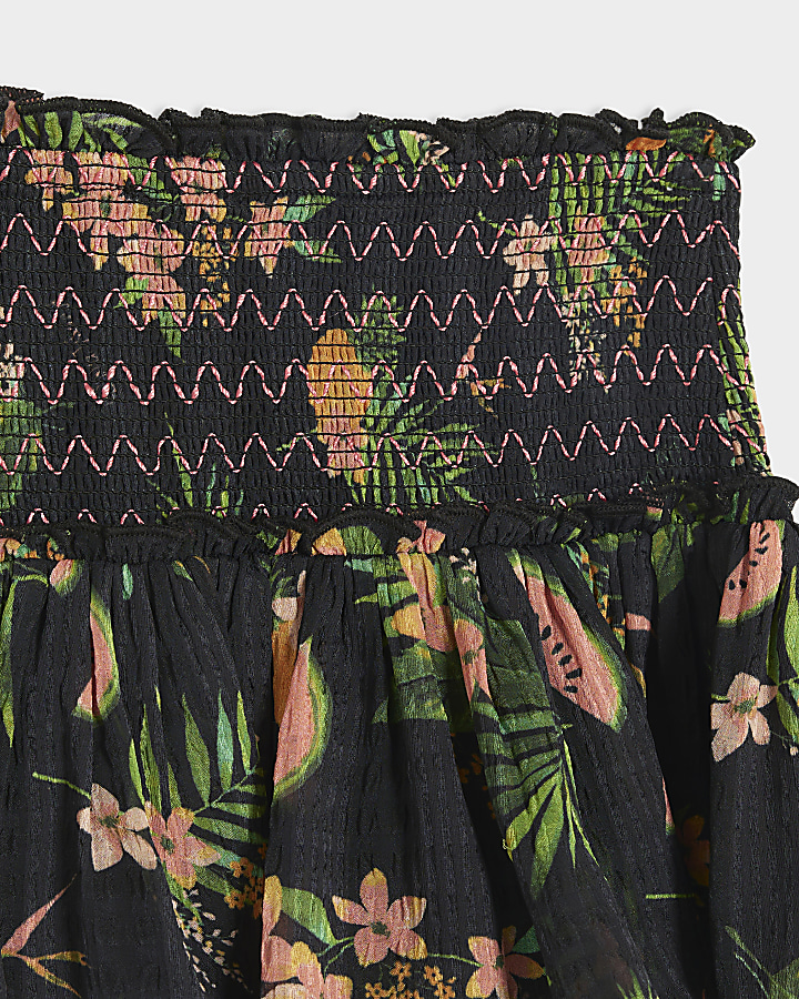 Girls black floral frill skirt