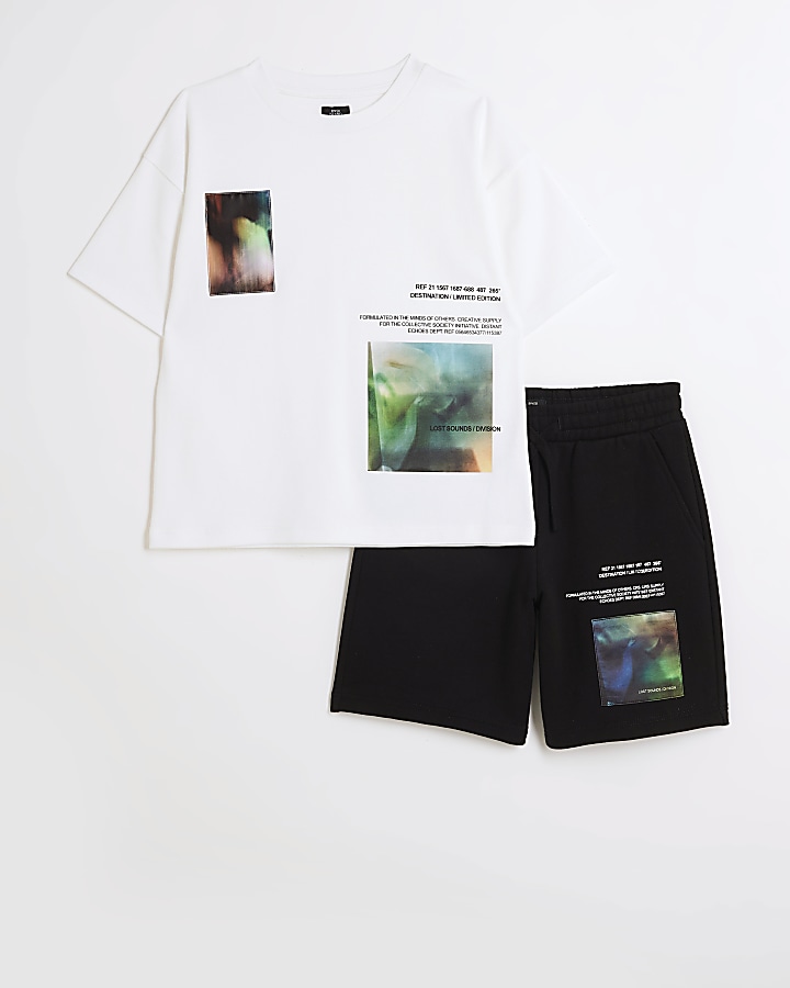 Boys white satin patch t-shirt and shorts set