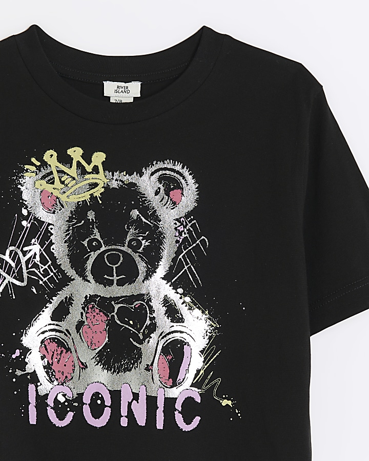 Girls black graffiti bear t-shirt | River Island