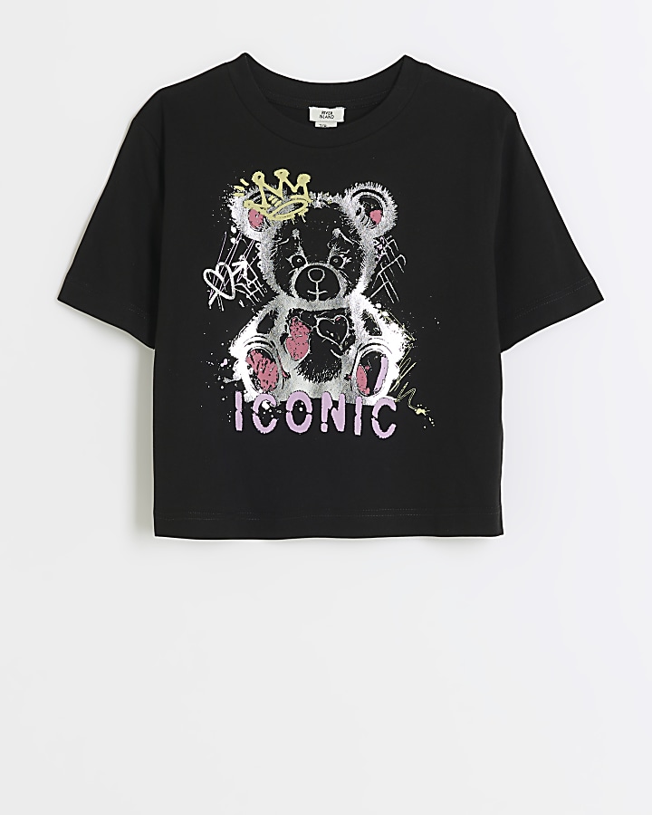 Girls black graffiti bear t-shirt