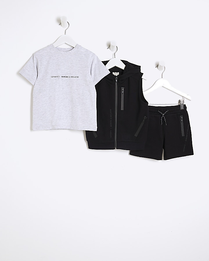 Mini boys black zip up gilet and shorts set