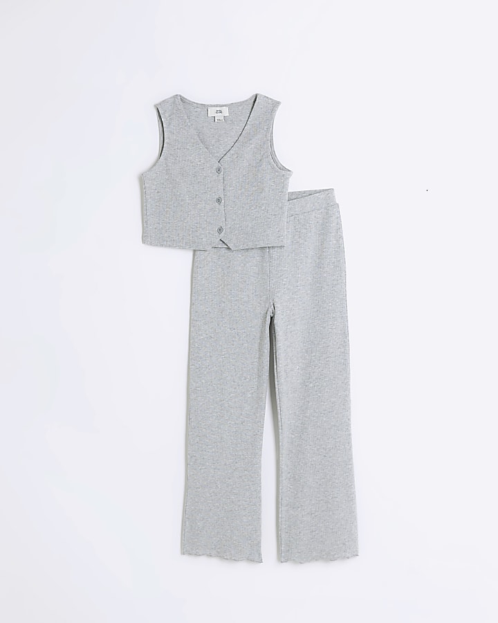 Girls grey ribbed waistcoat and trousers set