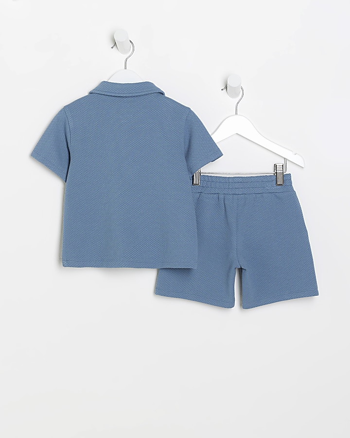 Mini boys blue textured polo and shorts set