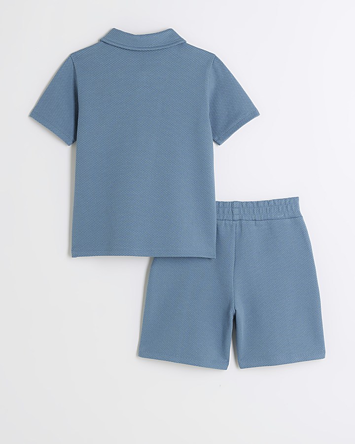 Boys blue textured polo and shorts set
