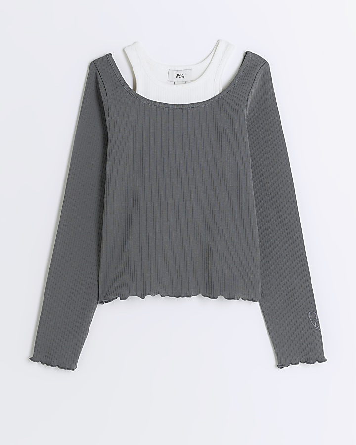 Girls grey ribbed 2 in 1 top