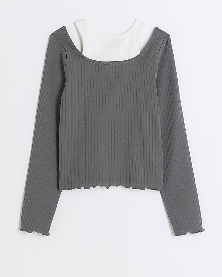 Girls grey ribbed 2 in 1 top