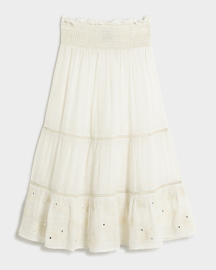 Girls white broderie tiered maxi skirt