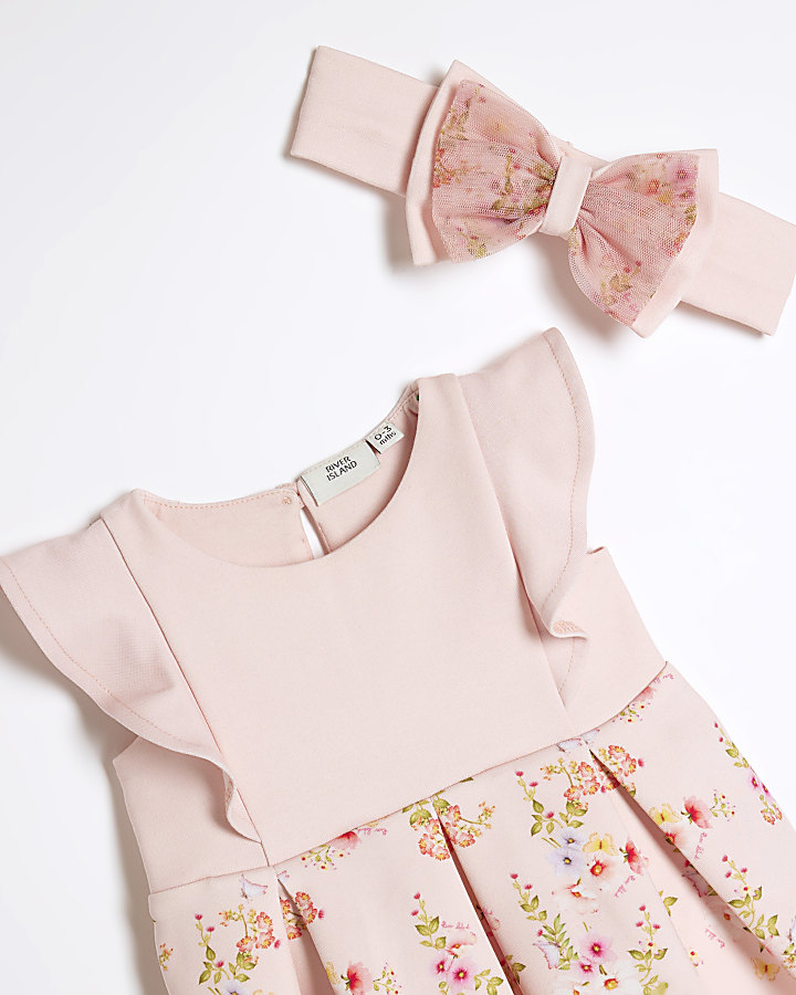 Baby girls pink floral dress and headband set