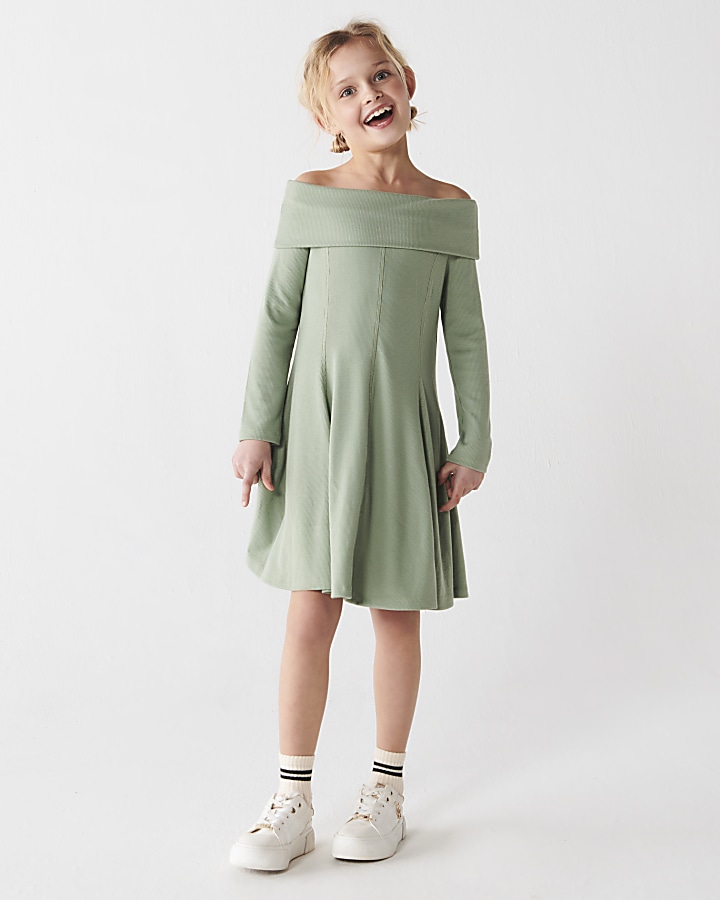 Girls khaki textured bardot dress