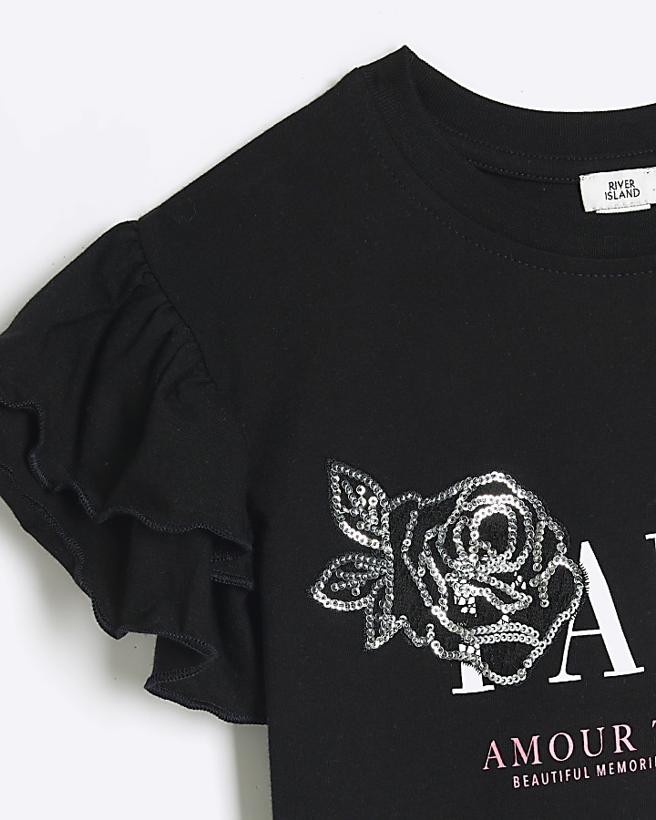 Girls black graphic sequin t-shirt