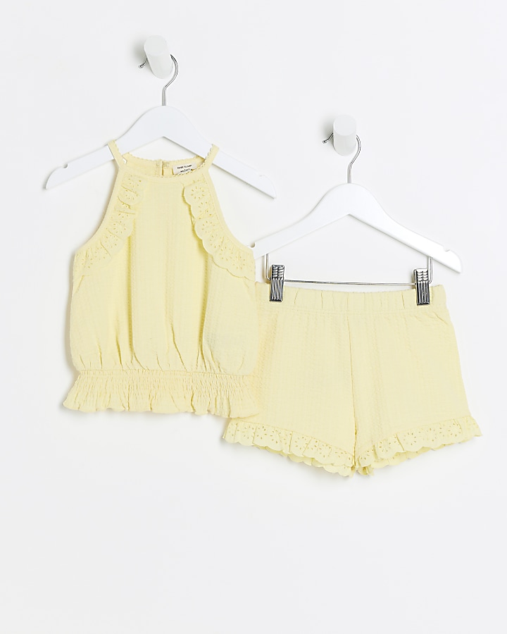 Mini girls yellow broderie top and shorts set