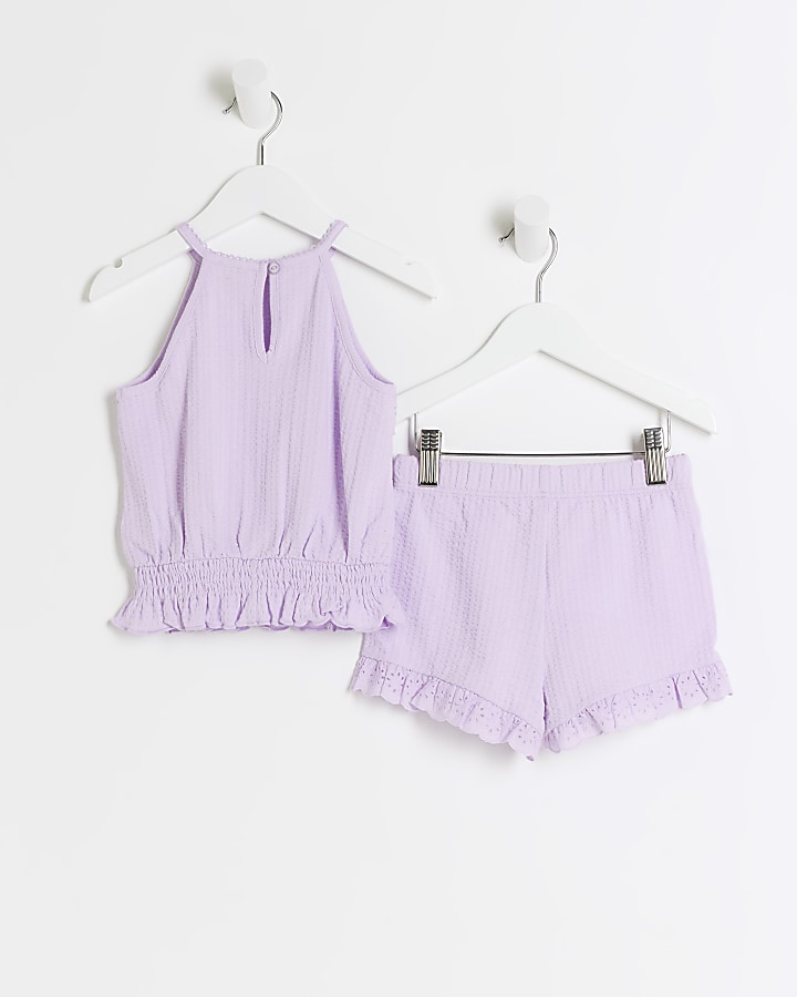 Mini Girls Purple Broderie Top And Shorts Set