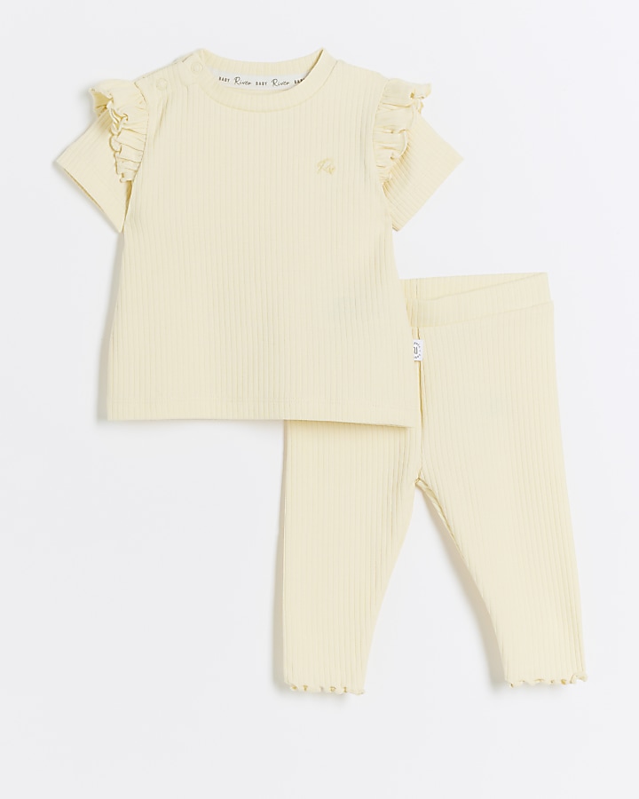 Baby girls yellow ribbed frill t-shirt set