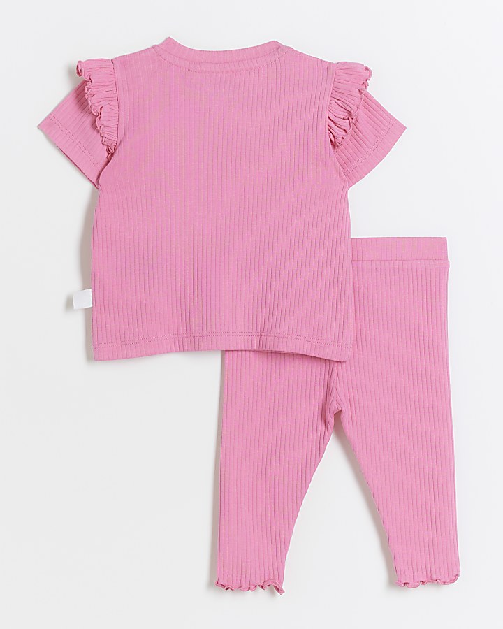 Baby girls pink ribbed frill t-shirt set