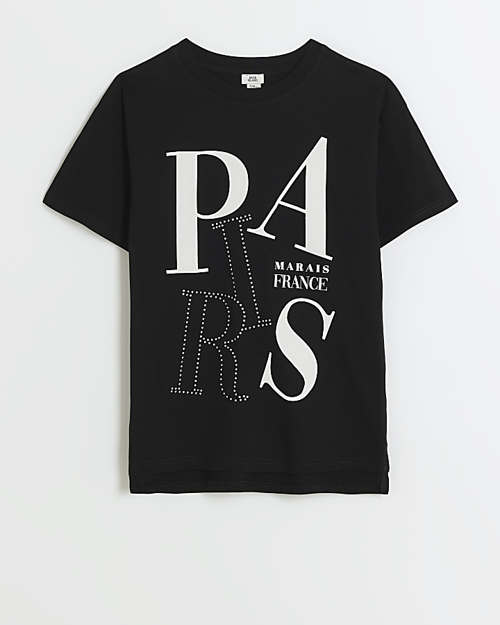 Girls black Paris graphic t-shirt