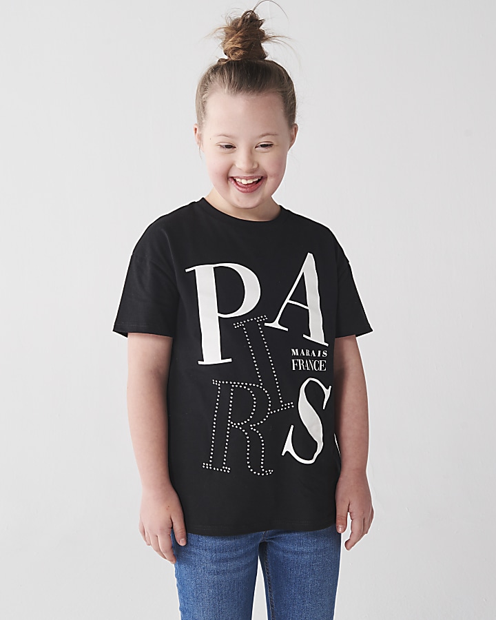 Girls black Paris graphic t-shirt