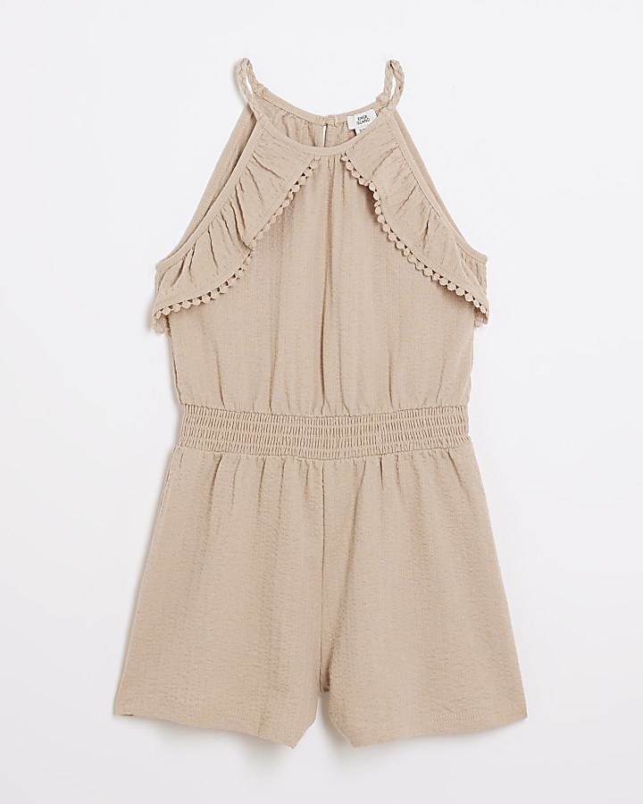 Girls stone broderie trim frill playsuit