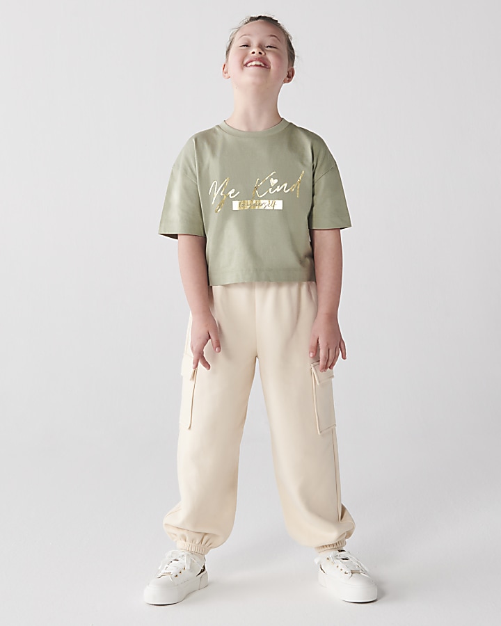 Girls khaki crop t-shirt and joggers set