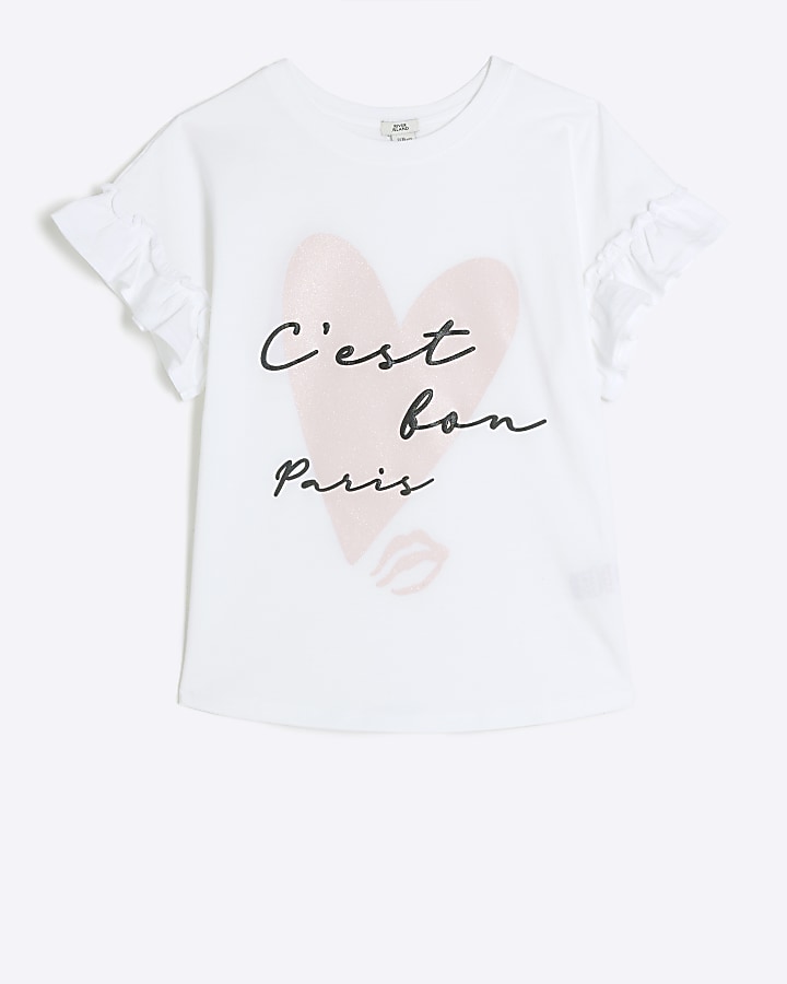 Girls white glitter heart t-shirt