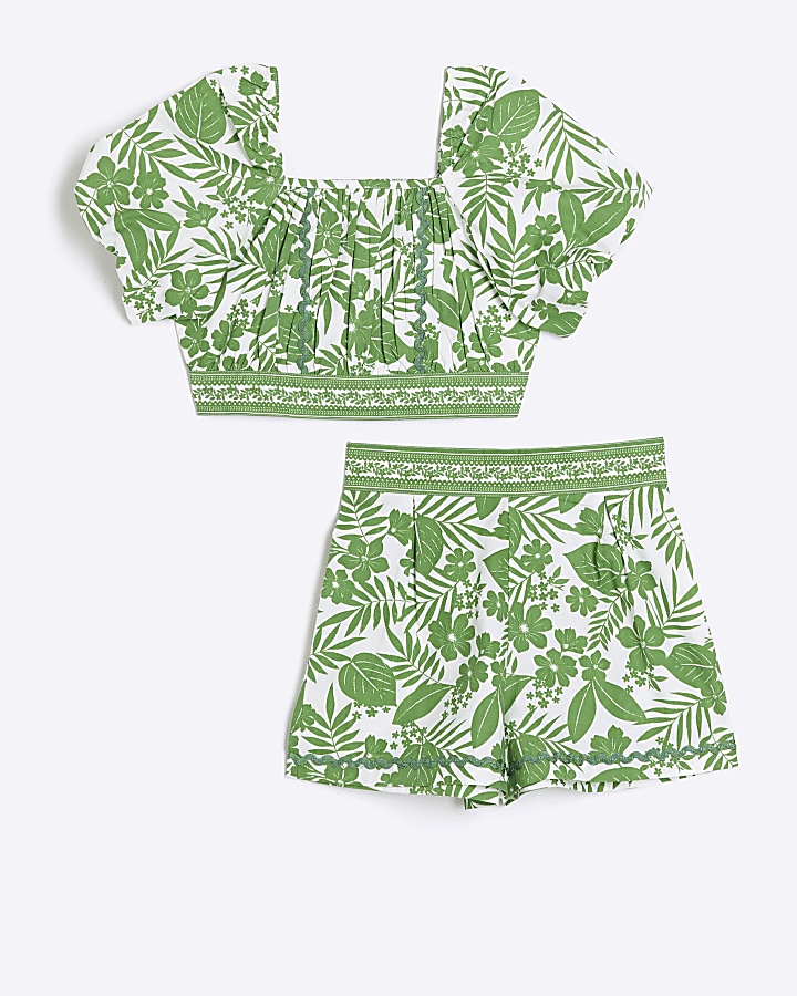 Girls green botanical cropped top set