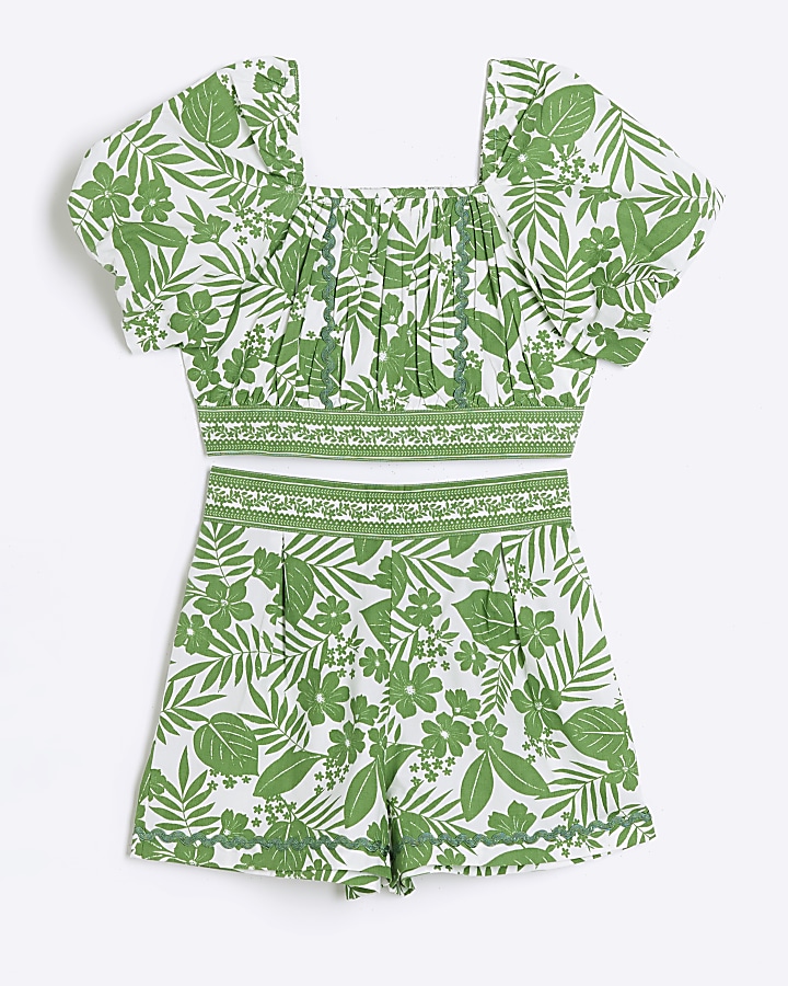 Girls green botanical cropped top set