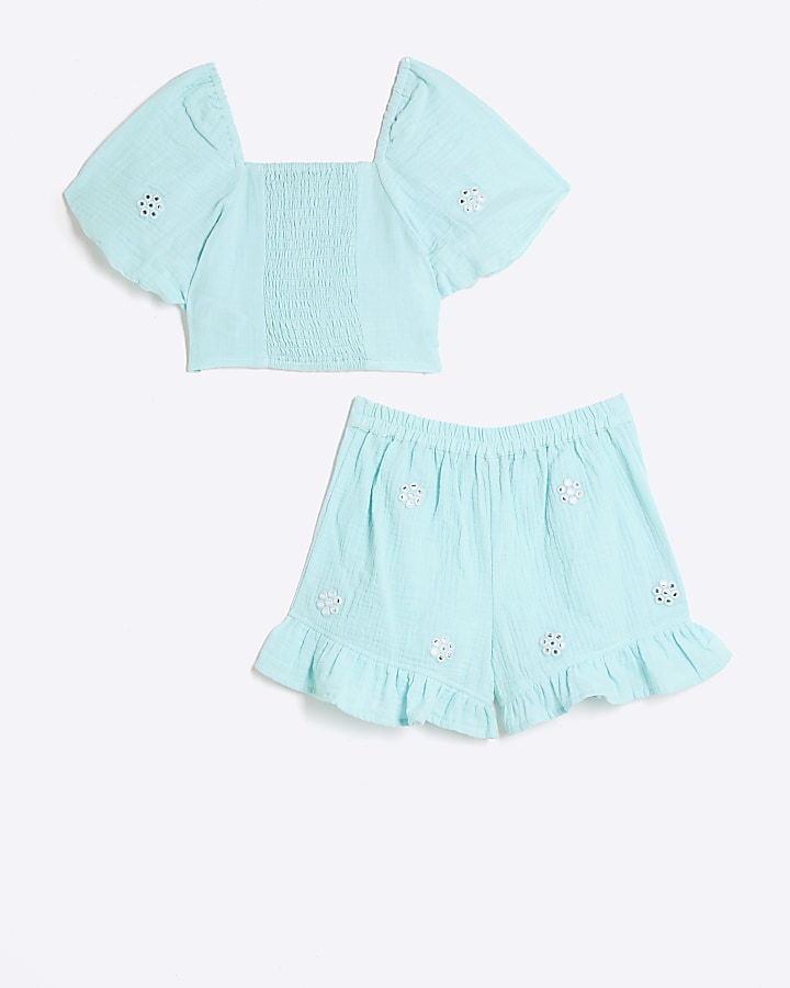 Girls blue textured embellished blouse set