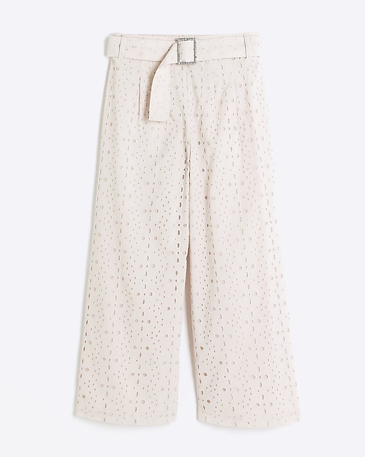 Girls Pink Broderie Wide Leg Trousers