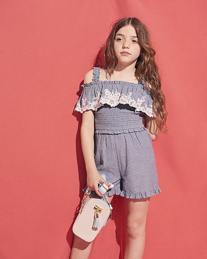 Girls blue embroidered frill playsuit