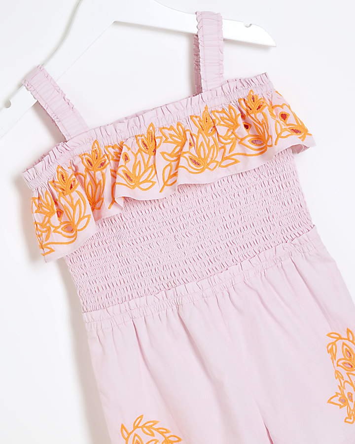 Mini Girls Coral Embroidered Playsuit