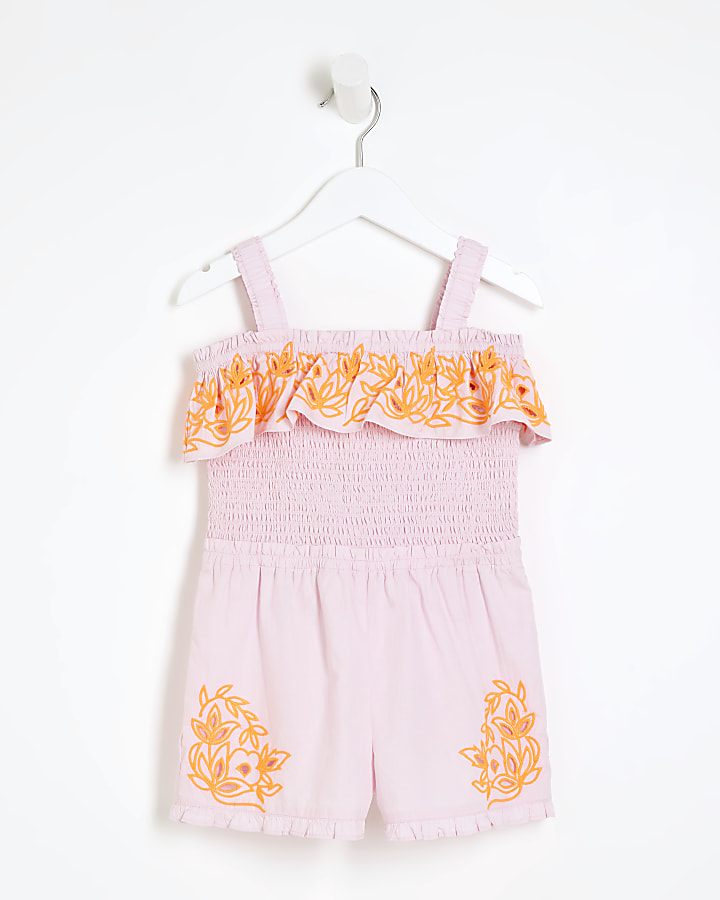 Mini Girls Coral Embroidered Playsuit