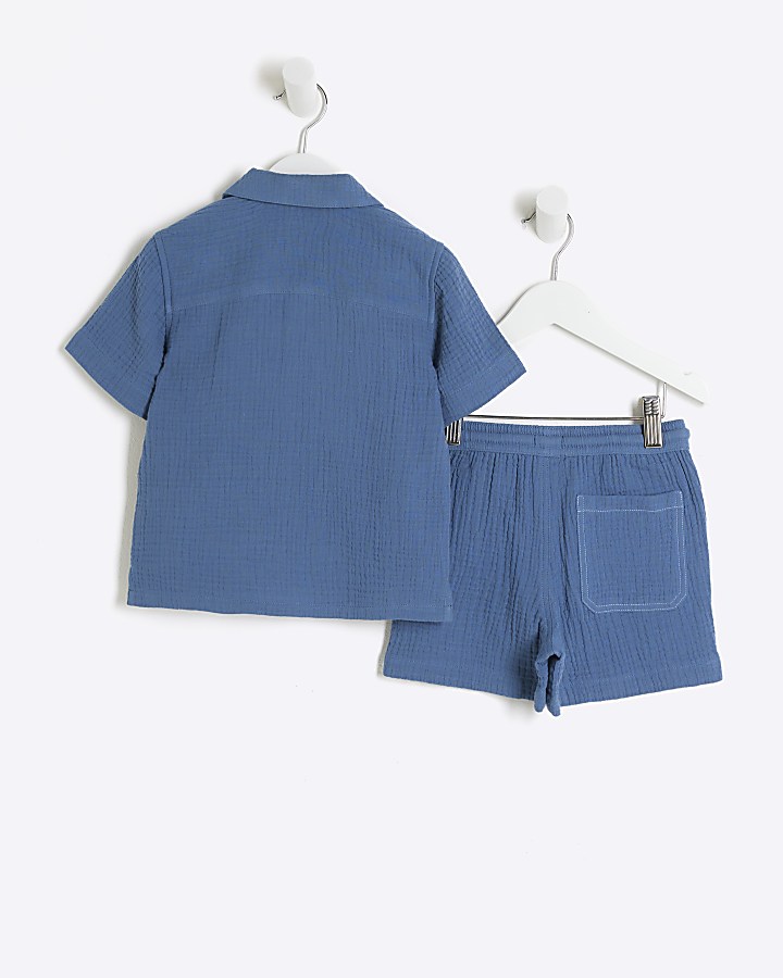Mini boys blue cheesecloth shirt set