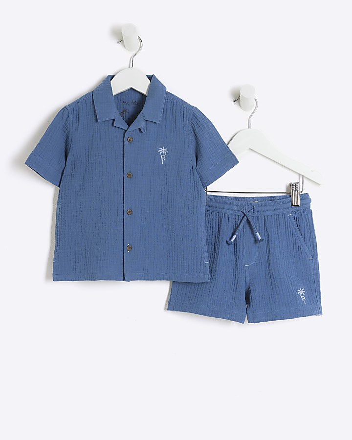 Mini boys blue cheesecloth shirt set
