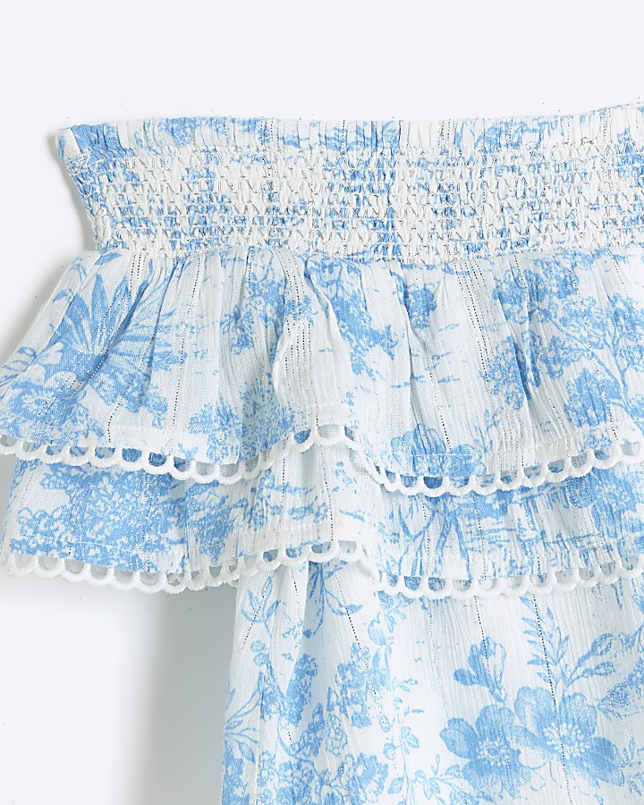 Girl blue floral bardot blouse and skirt set