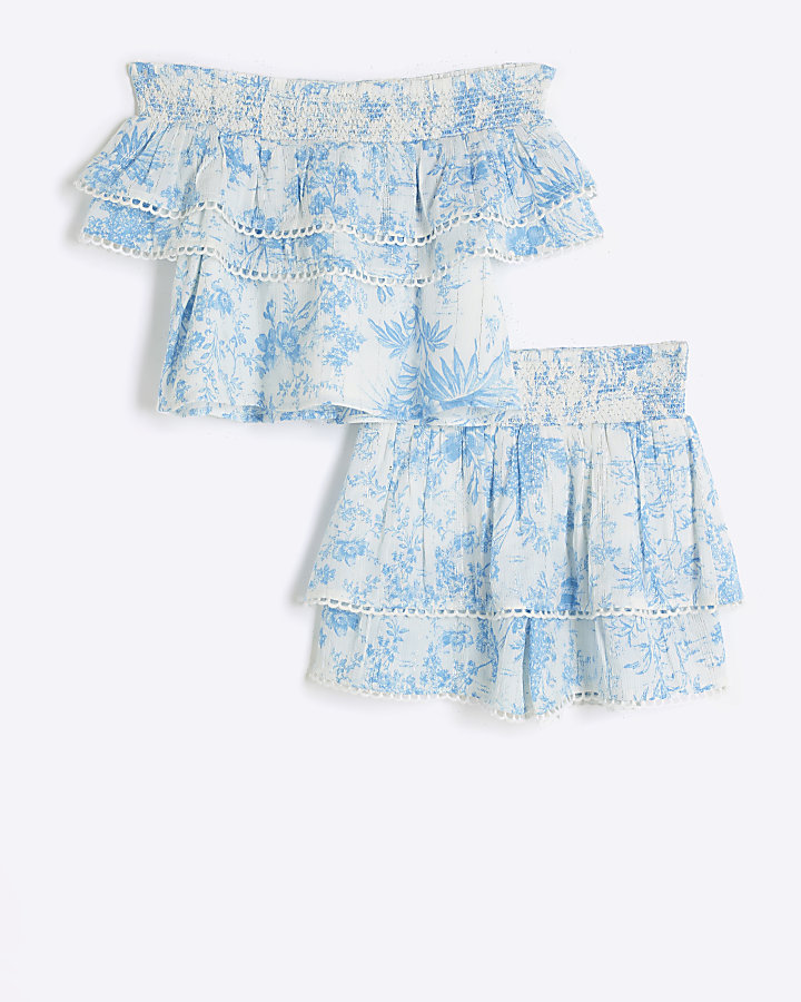 Girl blue floral bardot blouse and skirt set
