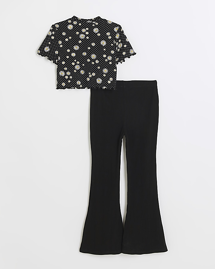 Girls black floral top and trousers set