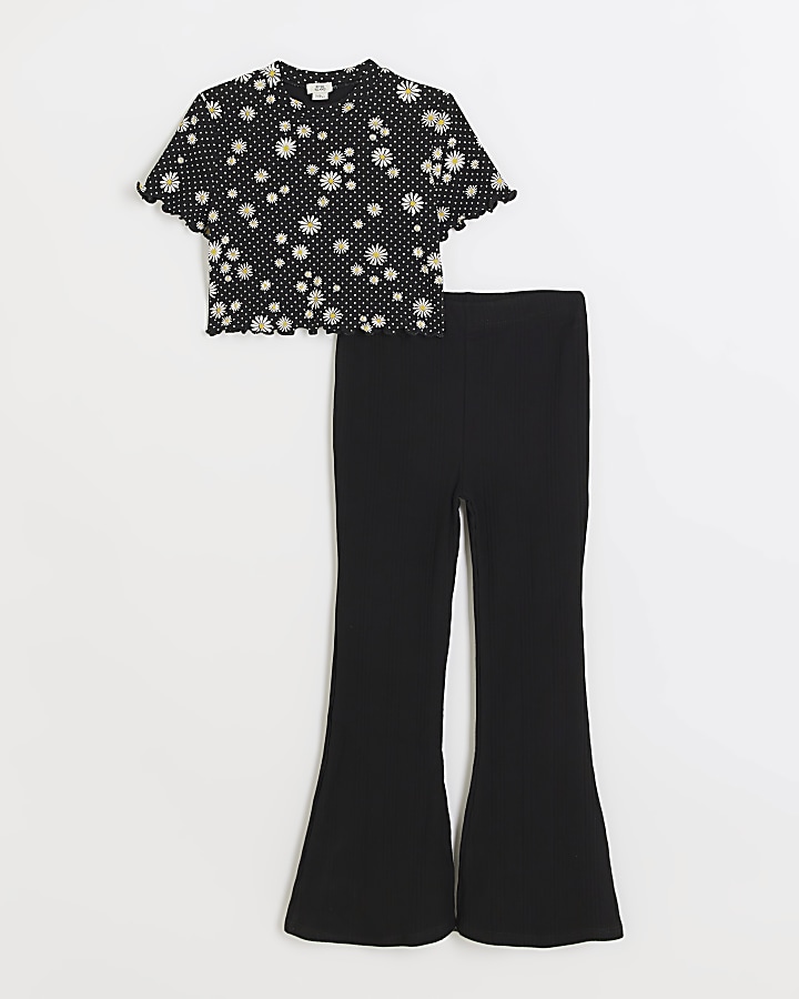 Girls black floral top and trousers set