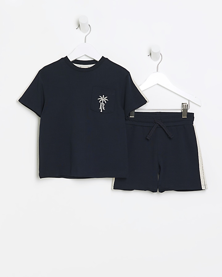 Mini boys navy crochet t-shirt set