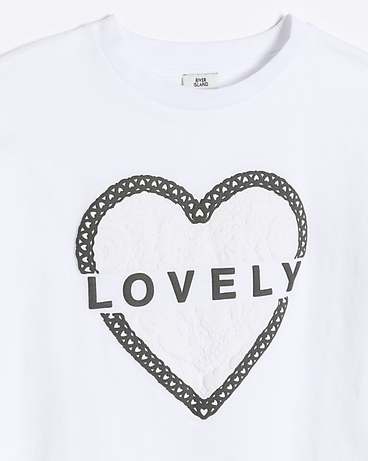 Girls white embossed cropped graphic t-shirt