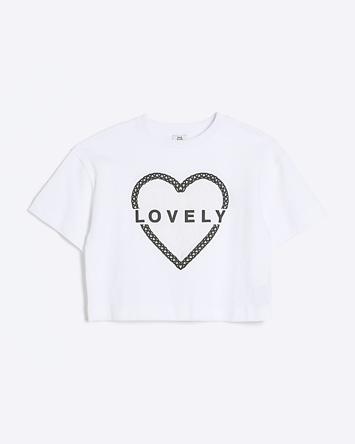 Girls white embossed cropped graphic t-shirt