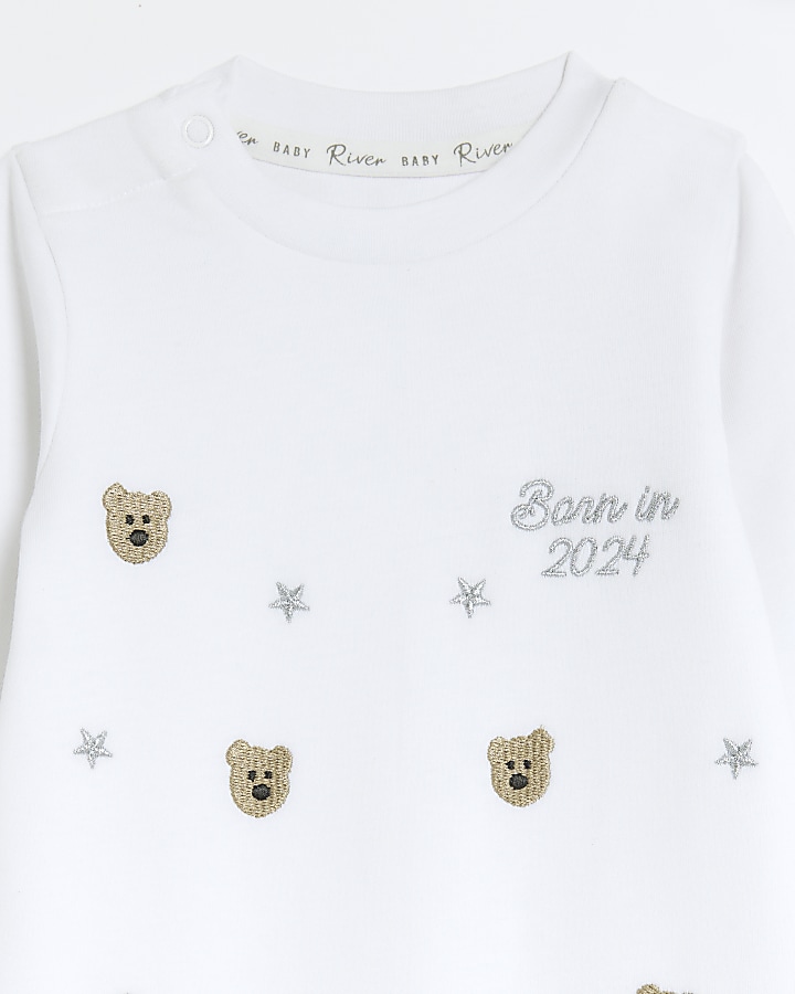 Baby white embroidered bear sleepsuit set