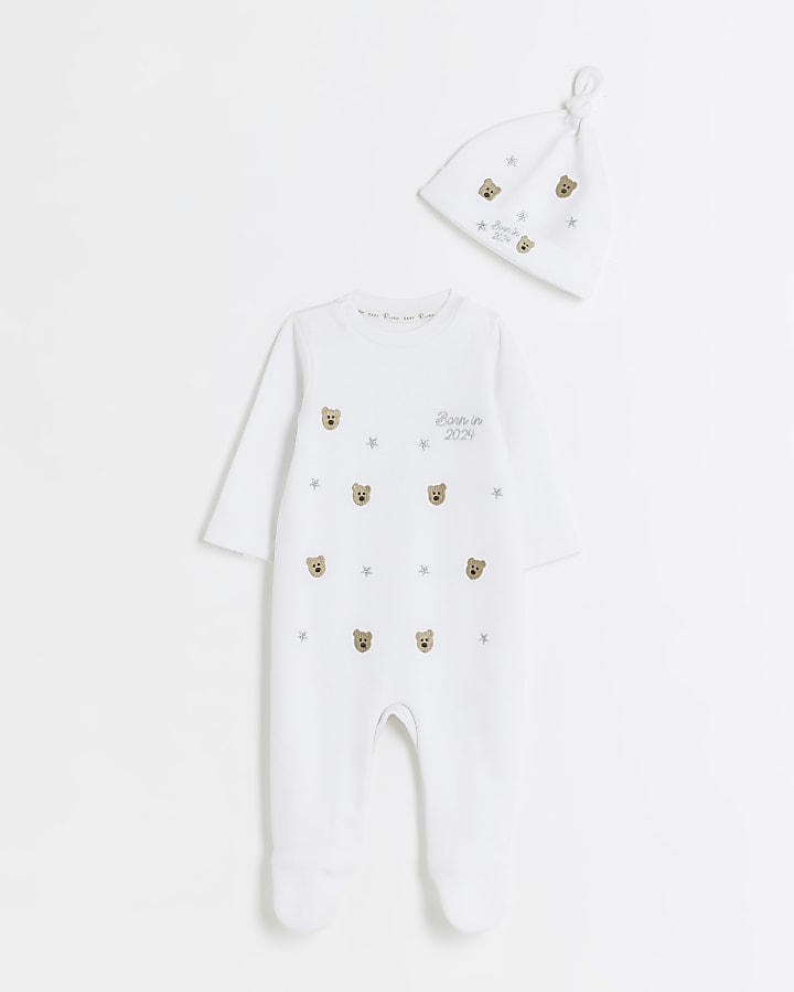 Baby white embroidered bear sleepsuit
