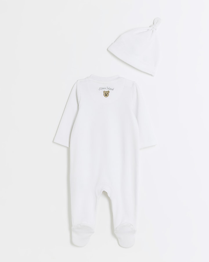 Baby white embroidered bear sleepsuit set