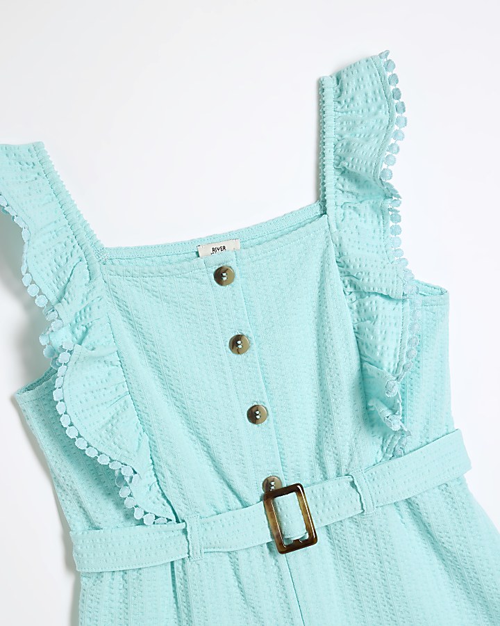 Girls turquoise textured belted playsuit