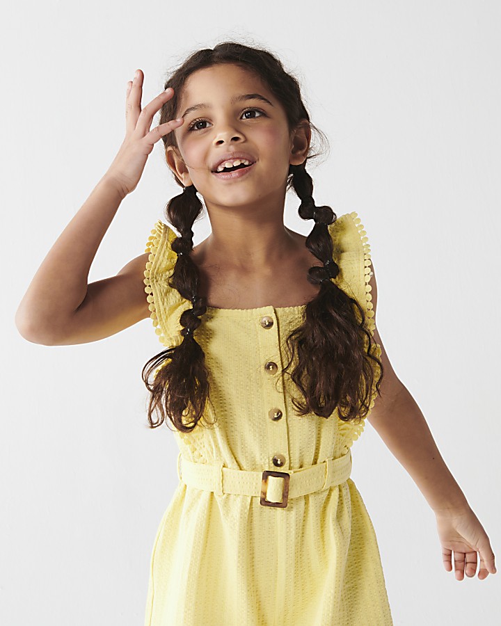 Girls yellow textured belted playsuit