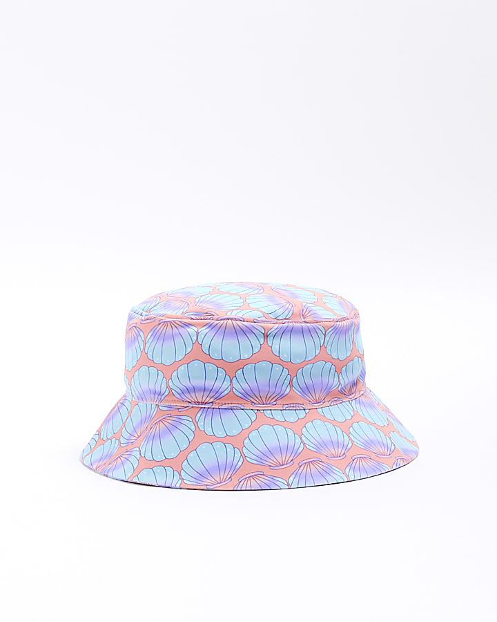 Mini girls coral shell print swim bucket hat
