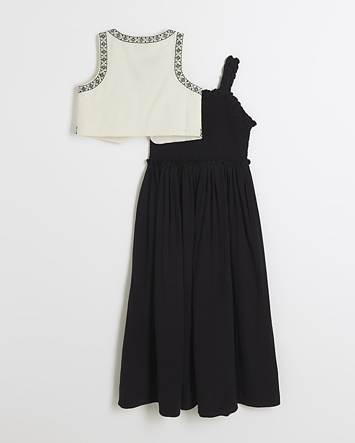 Girls black shirred dress and waistcoat set
