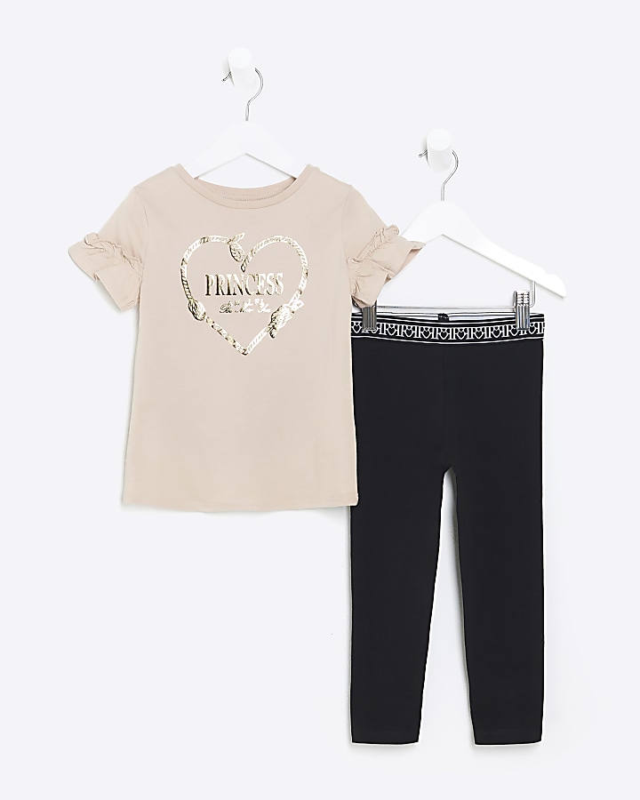 Mini girls beige frill graphic t-shirt set